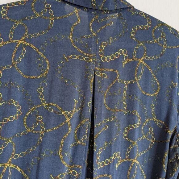 GRAND & GREENE chain print Navy blouse button down shirt adjustable sleeves L @P - Picture 13 of 14